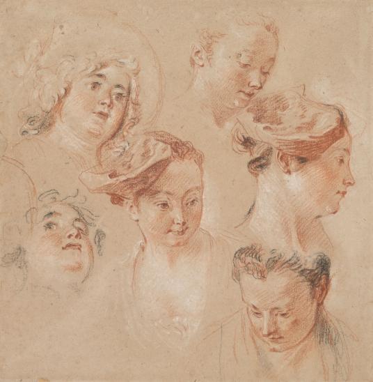 A chalk drawing depicts a figure study of six women’s heads in a mostly light red palette, with some black and white.