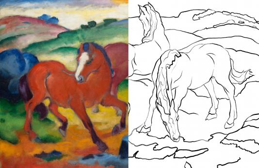 Half of a painting depicting three horses grazing and a line drawing of the other half of the painting.