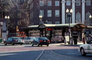 The Out of Town News kiosk in Harvard Square in Cambridge, still thriving at the time of this photo in 2001, closed in 2019.