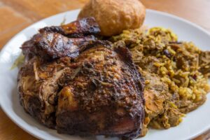 Jerk chicken, curry goat and fried dumpling