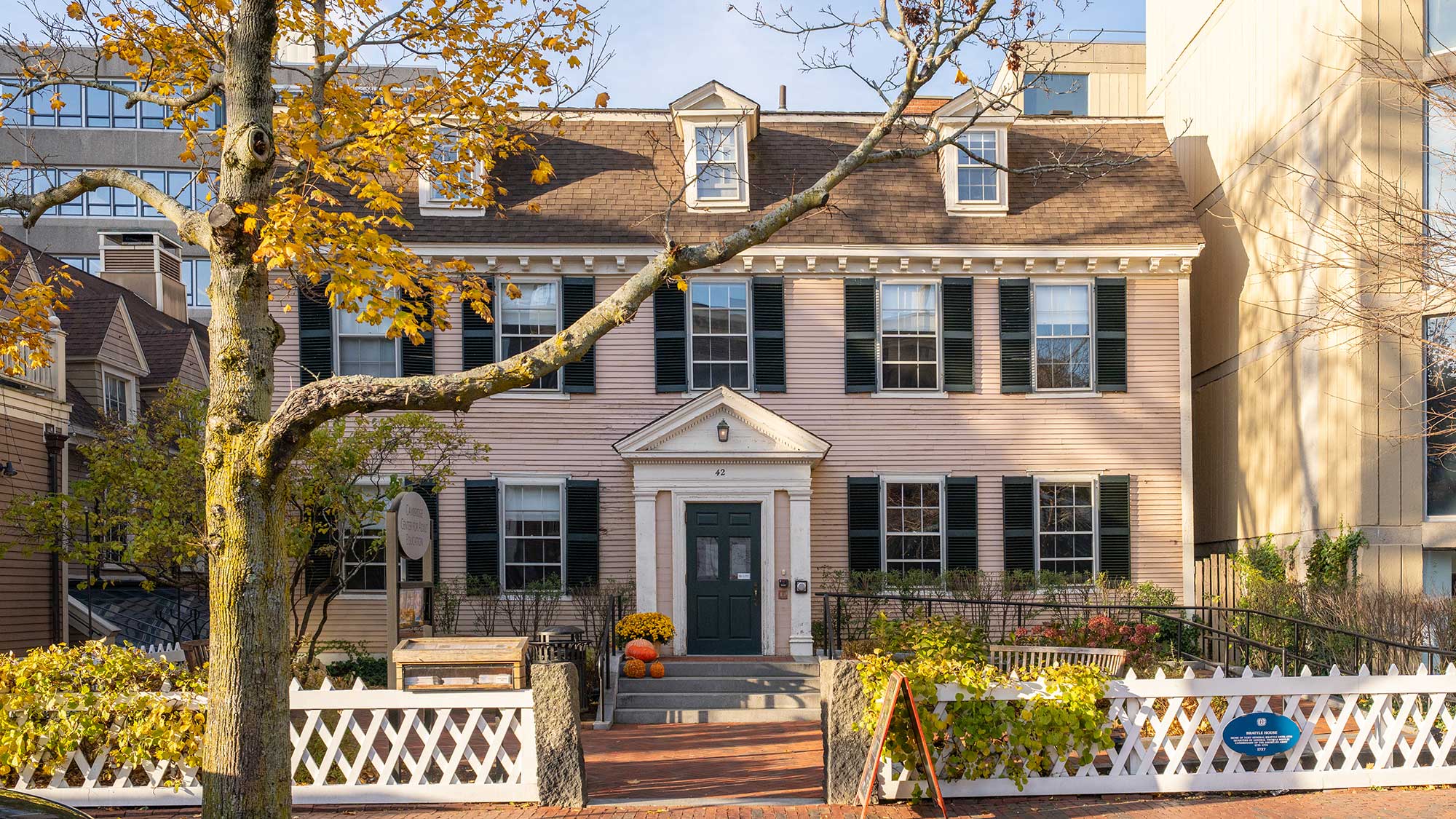 Cambridge Center for Adult Education Historic pink house with green shutters and a front garden behind a white picket fence